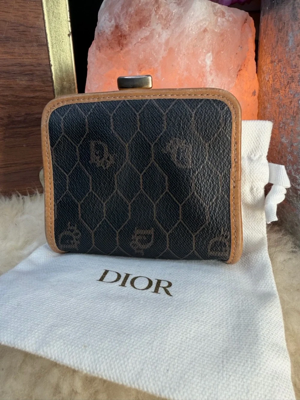 Dior Tan Leather-Trimmed Honeycomb Pattern Coin Purse